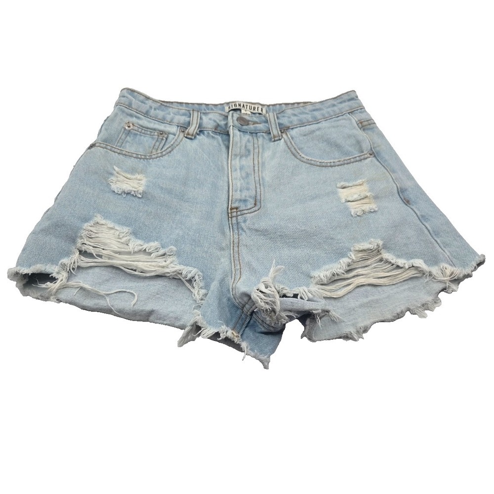 Signature 8 Shorts Womens S Distressed Cutoff Frayed Denim‎ Blue Button Fly